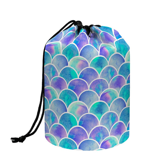 Sea Blue Mermaid Scales Pattern Print Drawstring Makeup Bag