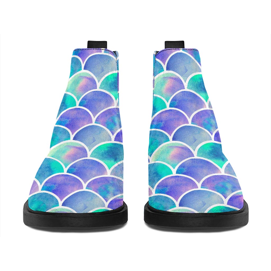 Sea Blue Mermaid Scales Pattern Print Flat Ankle Boots