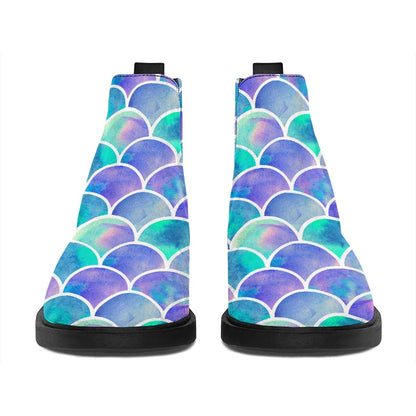 Sea Blue Mermaid Scales Pattern Print Flat Ankle Boots