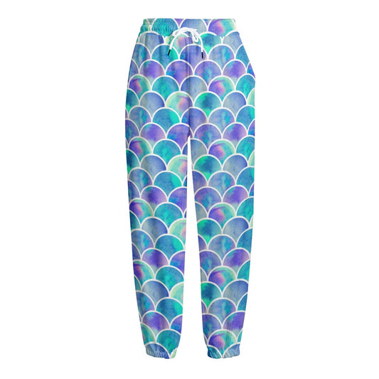 Sea Blue Mermaid Scales Pattern Print Fleece Lined Knit Pants