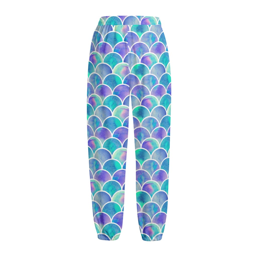 Sea Blue Mermaid Scales Pattern Print Fleece Lined Knit Pants