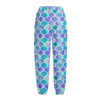 Sea Blue Mermaid Scales Pattern Print Fleece Lined Knit Pants