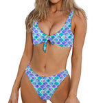 Sea Blue Mermaid Scales Pattern Print Front Bow Tie Bikini