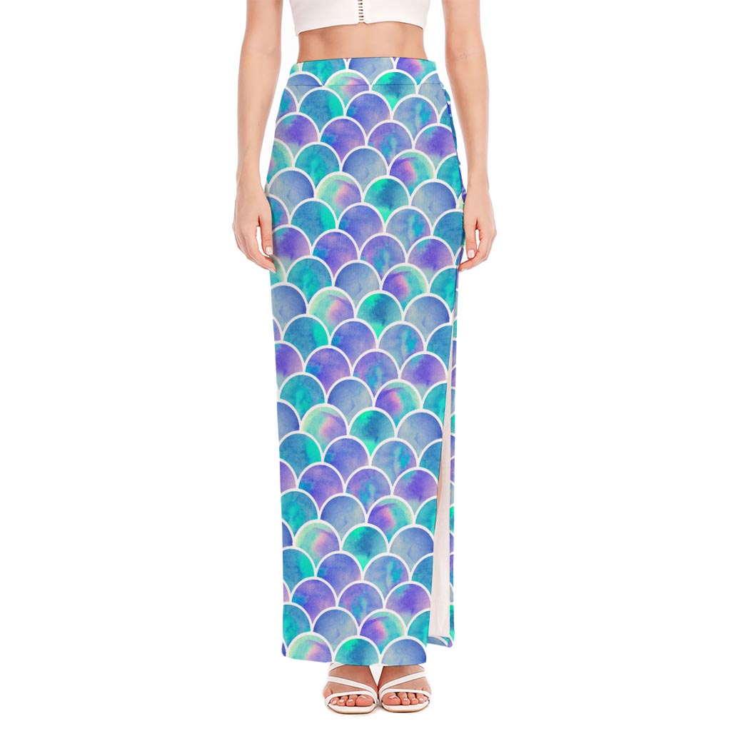 Sea Blue Mermaid Scales Pattern Print High Slit Maxi Skirt