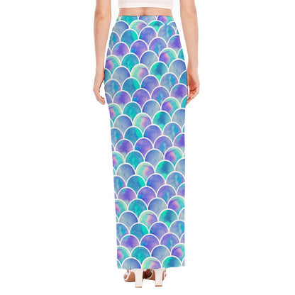 Sea Blue Mermaid Scales Pattern Print High Slit Maxi Skirt