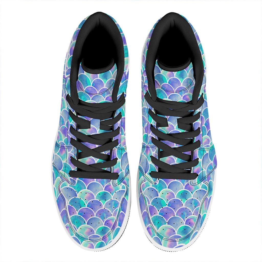 Sea Blue Mermaid Scales Pattern Print High Top Leather Sneakers