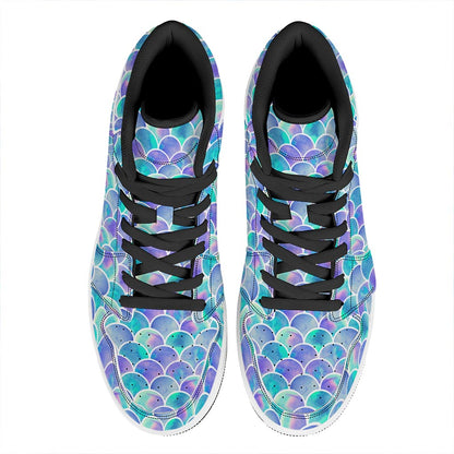 Sea Blue Mermaid Scales Pattern Print High Top Leather Sneakers