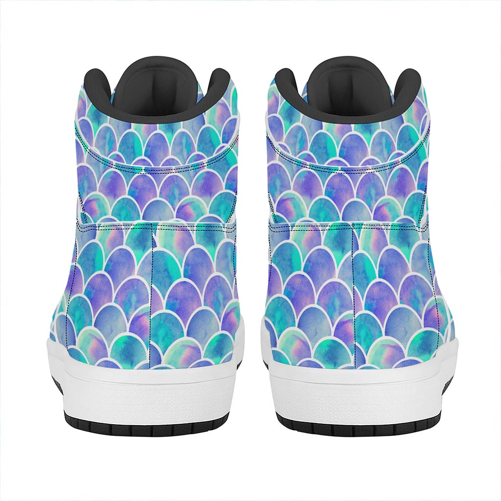 Sea Blue Mermaid Scales Pattern Print High Top Leather Sneakers