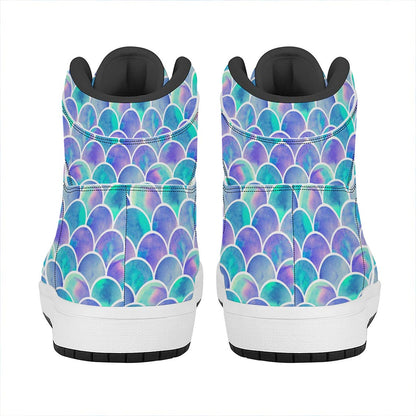 Sea Blue Mermaid Scales Pattern Print High Top Leather Sneakers