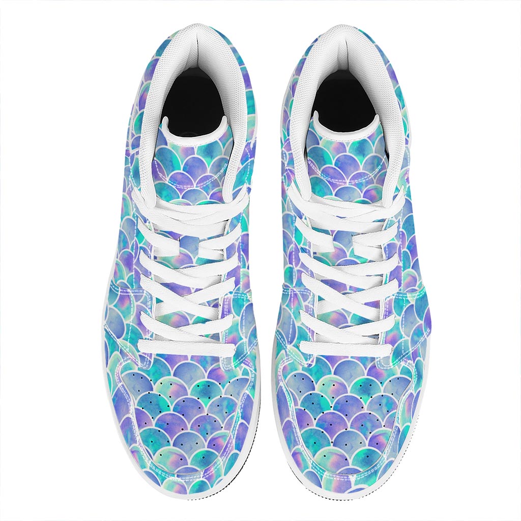 Sea Blue Mermaid Scales Pattern Print High Top Leather Sneakers