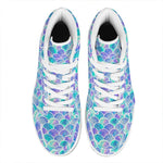 Sea Blue Mermaid Scales Pattern Print High Top Leather Sneakers