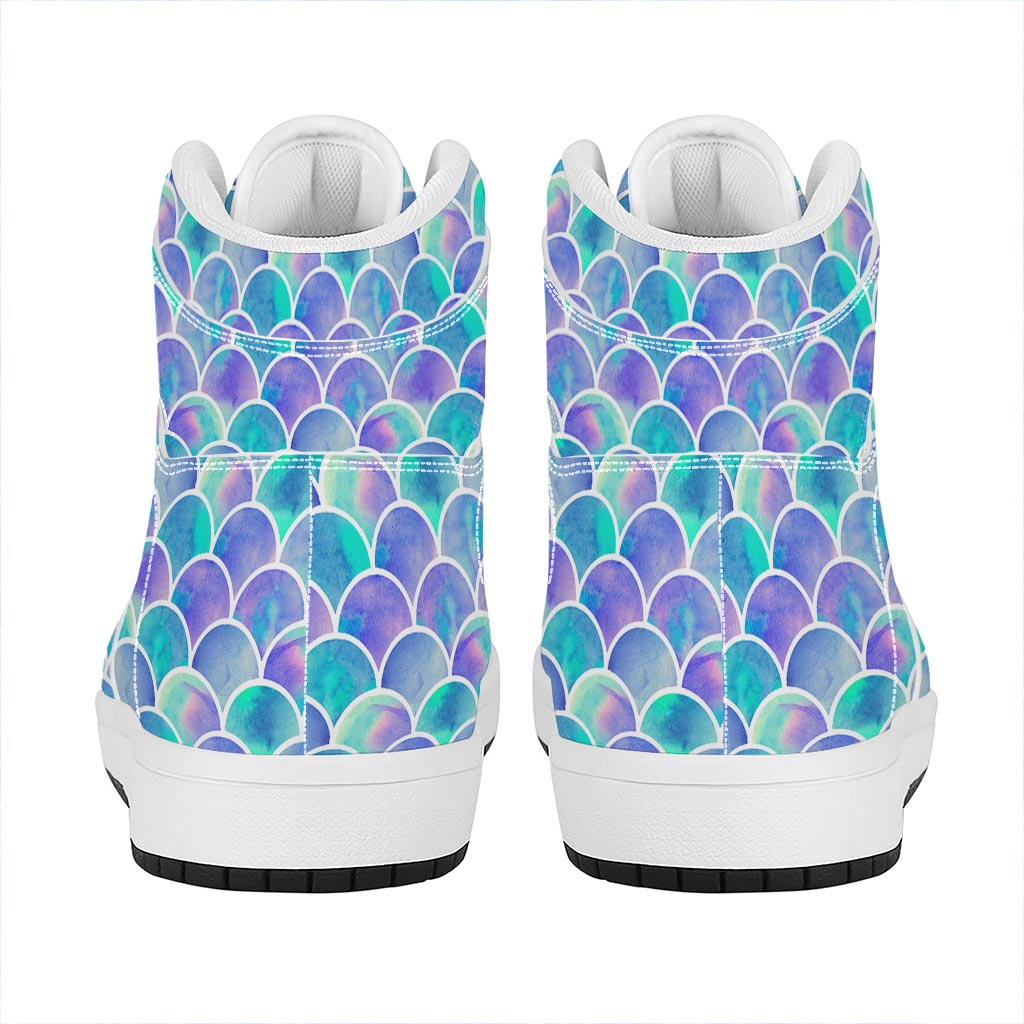 Sea Blue Mermaid Scales Pattern Print High Top Leather Sneakers