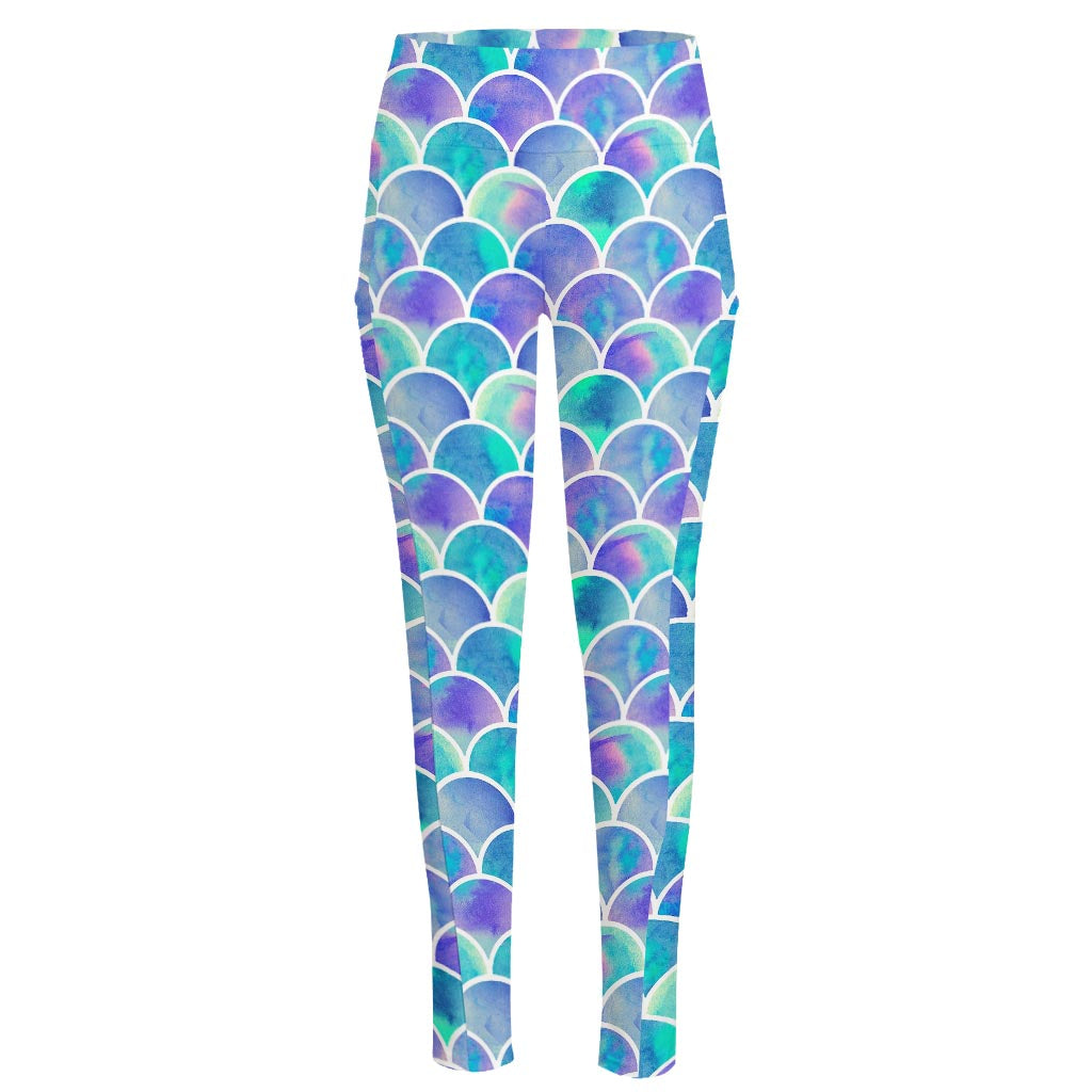 Sea Blue Mermaid Scales Pattern Print High-Waisted Pocket Leggings