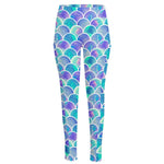 Sea Blue Mermaid Scales Pattern Print High-Waisted Pocket Leggings