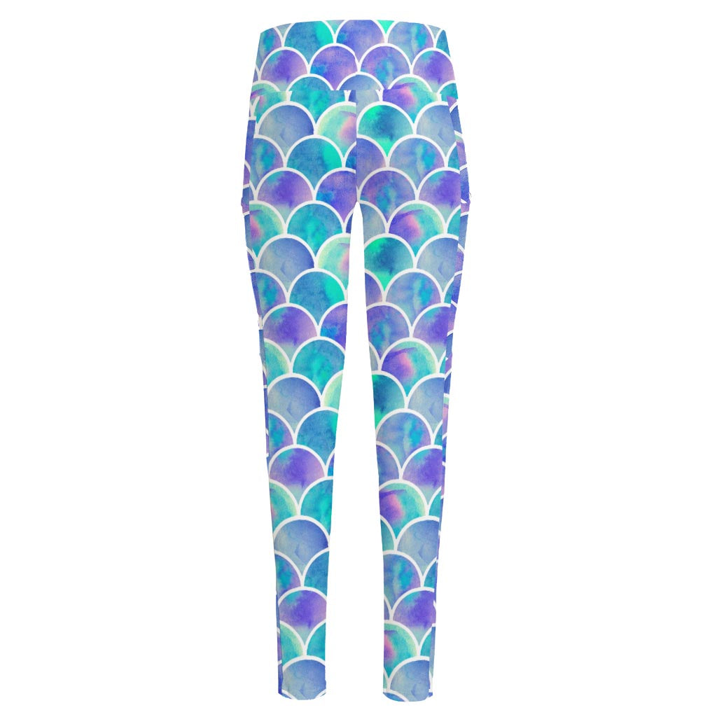 Sea Blue Mermaid Scales Pattern Print High-Waisted Pocket Leggings