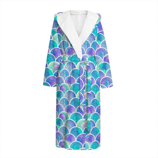 Sea Blue Mermaid Scales Pattern Print Hooded Bathrobe