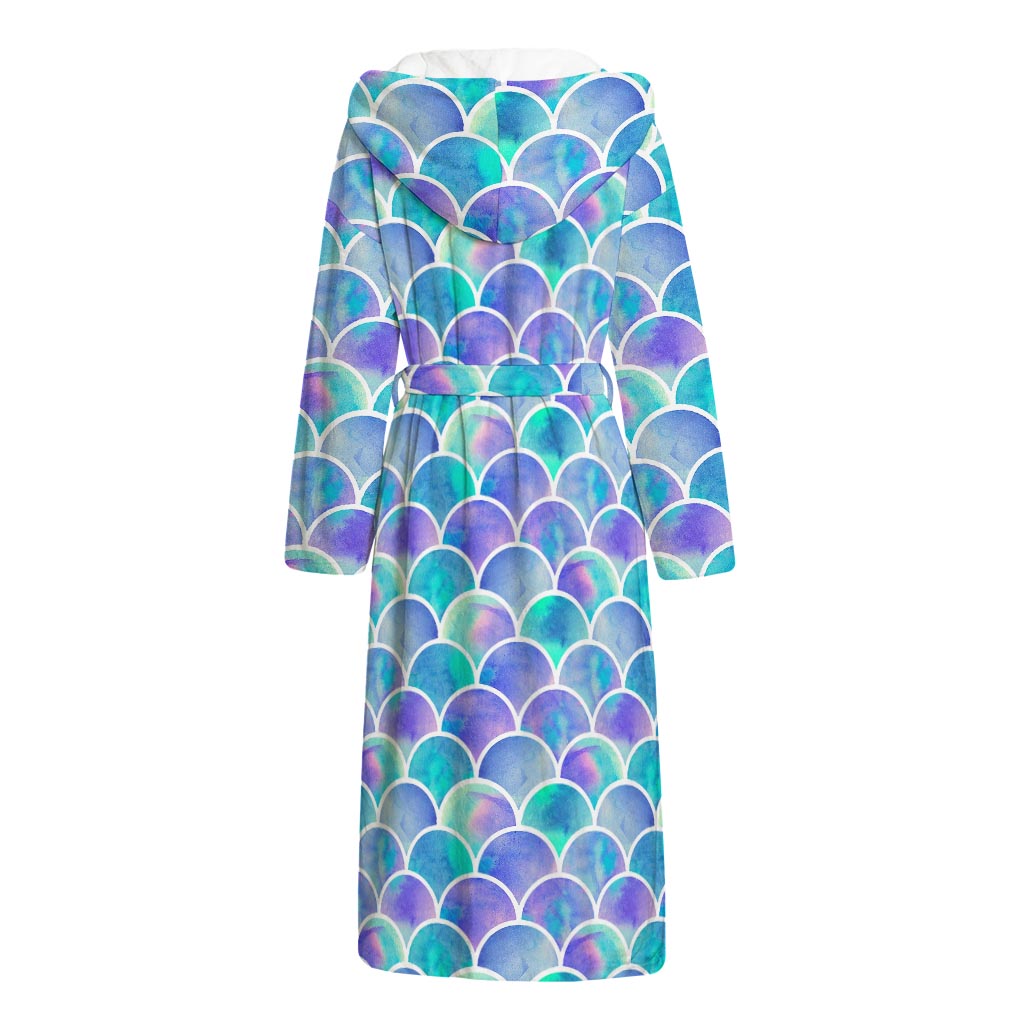 Sea Blue Mermaid Scales Pattern Print Hooded Bathrobe