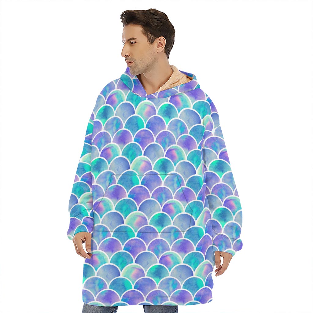 Sea Blue Mermaid Scales Pattern Print Hoodie Blanket