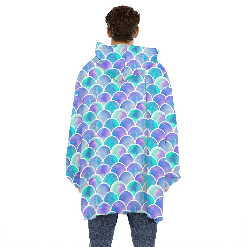 Sea Blue Mermaid Scales Pattern Print Hoodie Blanket