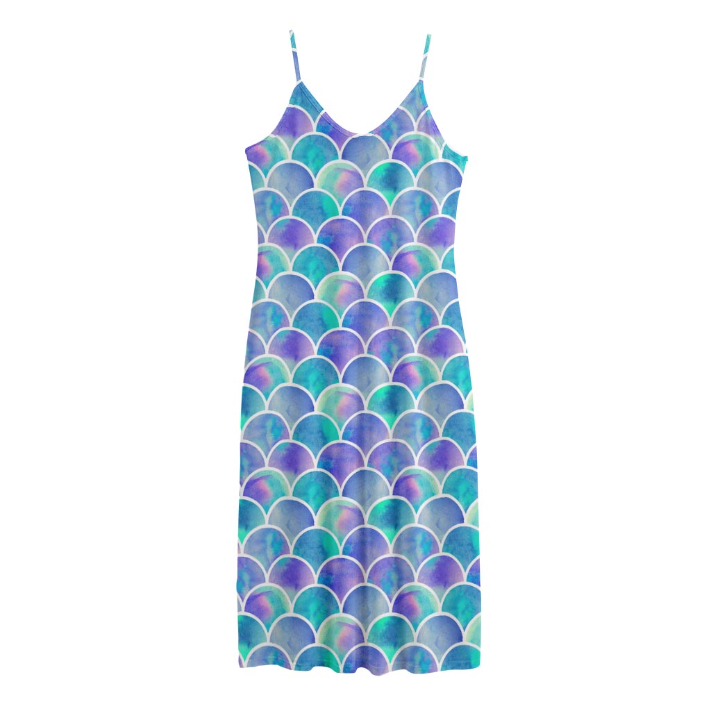 Sea Blue Mermaid Scales Pattern Print Jersey Midi Cami Dress