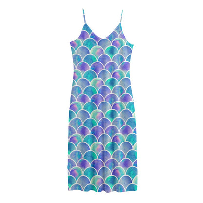 Sea Blue Mermaid Scales Pattern Print Jersey Midi Cami Dress