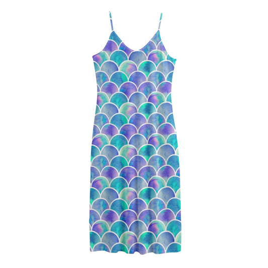 Sea Blue Mermaid Scales Pattern Print Jersey Midi Cami Dress