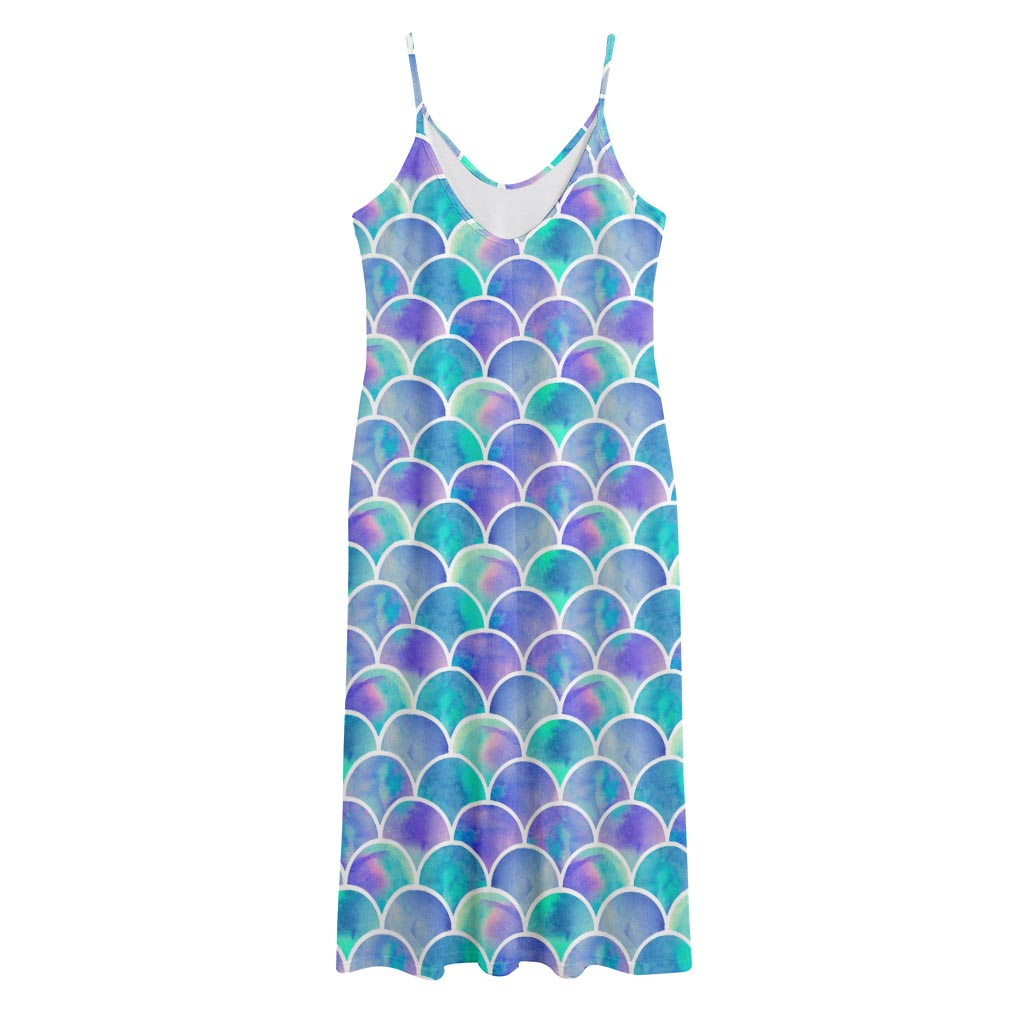 Sea Blue Mermaid Scales Pattern Print Jersey Midi Cami Dress