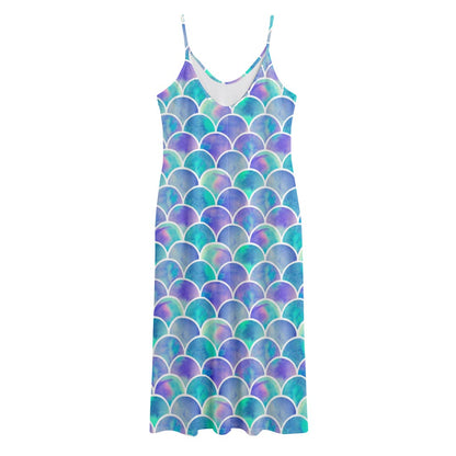 Sea Blue Mermaid Scales Pattern Print Jersey Midi Cami Dress