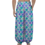 Sea Blue Mermaid Scales Pattern Print Lantern Pants