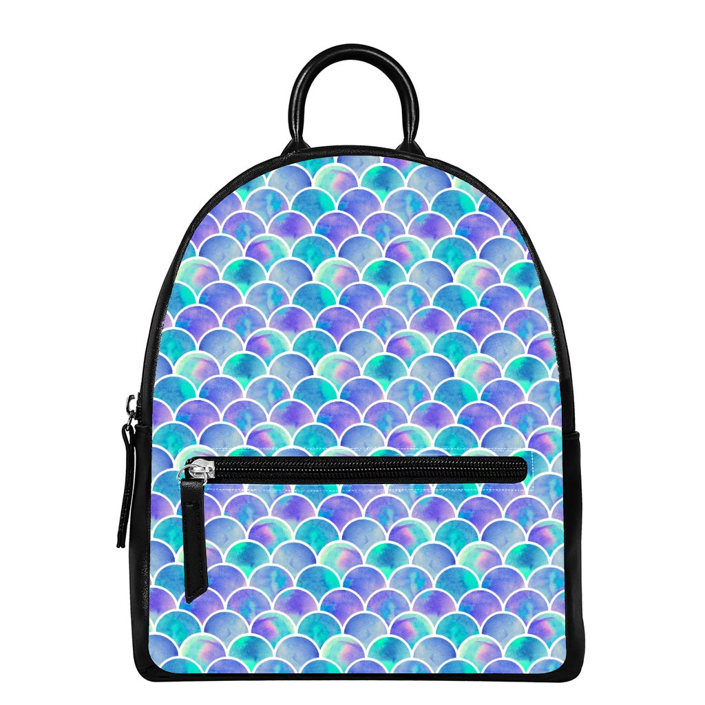 Sea Blue Mermaid Scales Pattern Print Leather Backpack