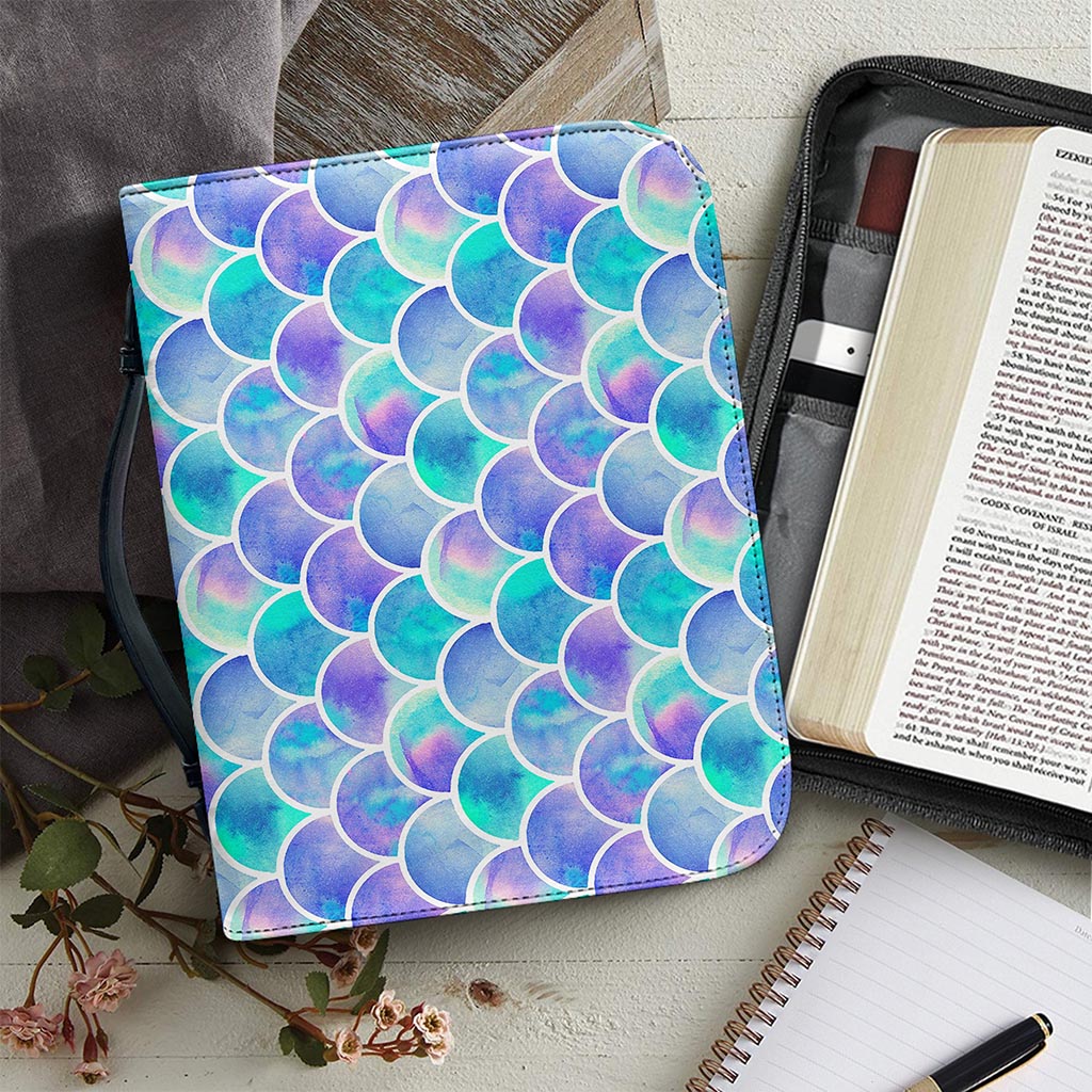 Sea Blue Mermaid Scales Pattern Print Leather Bible Cover
