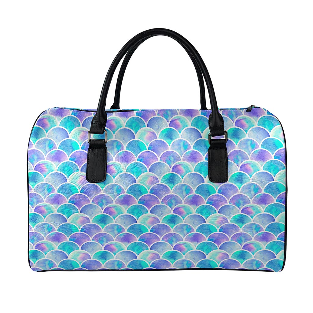 Sea Blue Mermaid Scales Pattern Print Leather Duffle Bag