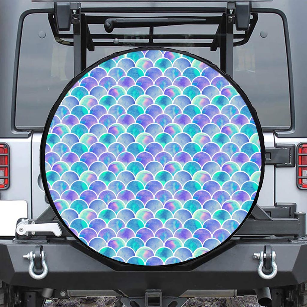 Sea Blue Mermaid Scales Pattern Print Leather Spare Tire Cover