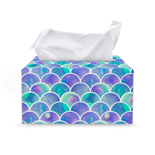 Sea Blue Mermaid Scales Pattern Print Leather Tissue Box Cover