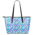 Sea Blue Mermaid Scales Pattern Print Leather Tote Bag With Zipper