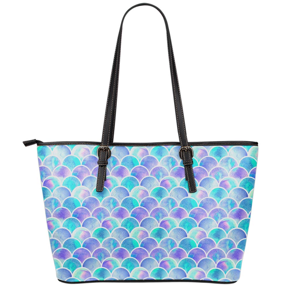 Sea Blue Mermaid Scales Pattern Print Leather Tote Bag