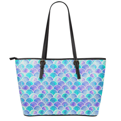 Sea Blue Mermaid Scales Pattern Print Leather Tote Bag