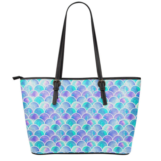 Sea Blue Mermaid Scales Pattern Print Leather Tote Bag