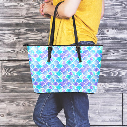 Sea Blue Mermaid Scales Pattern Print Leather Tote Bag