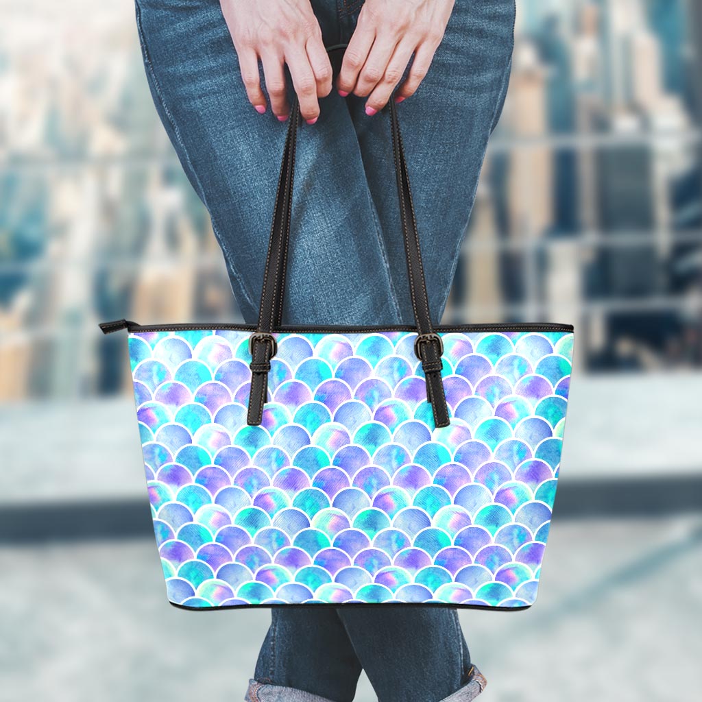 Sea Blue Mermaid Scales Pattern Print Leather Tote Bag