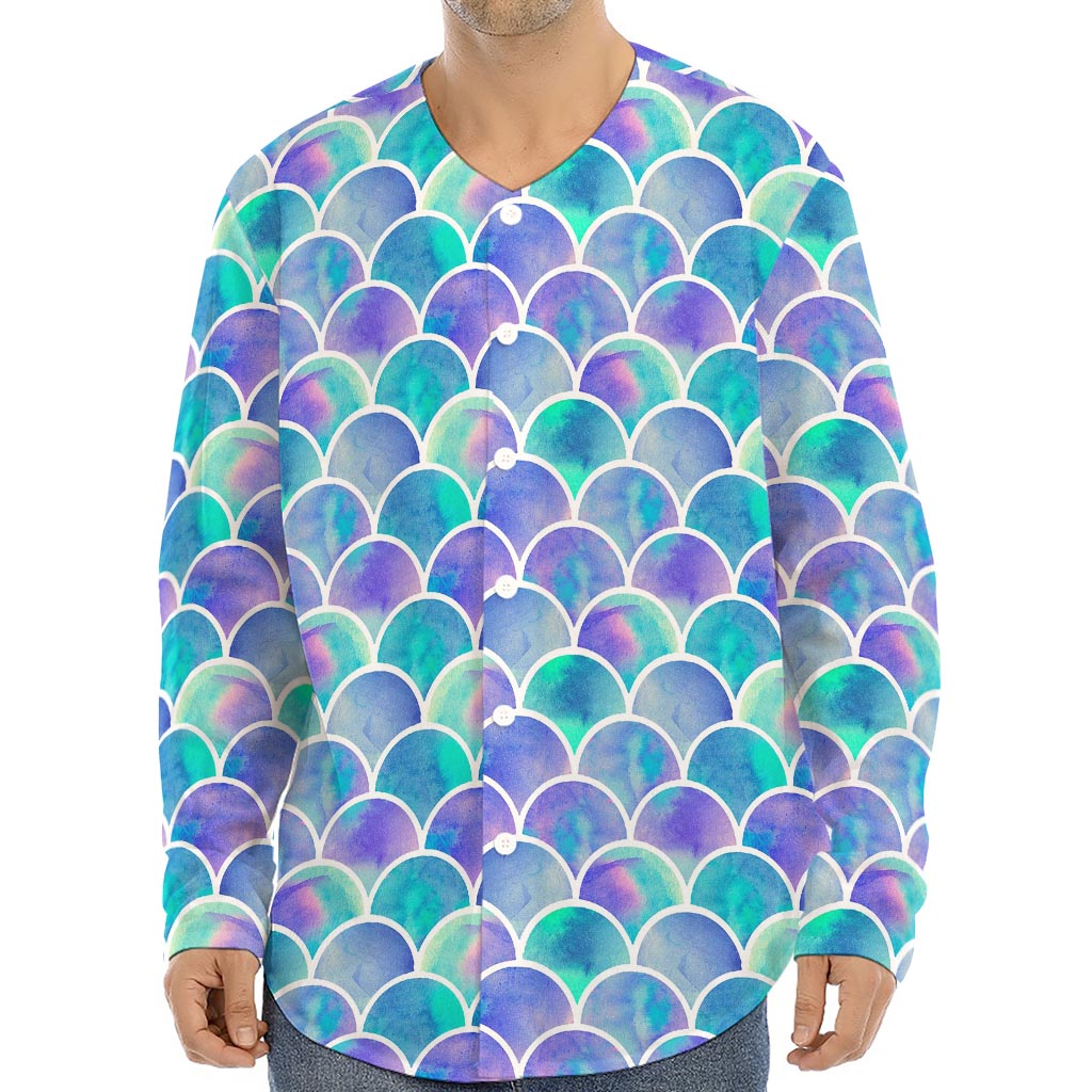 Sea Blue Mermaid Scales Pattern Print Long Sleeve Baseball Jersey