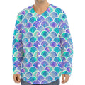 Sea Blue Mermaid Scales Pattern Print Long Sleeve Baseball Jersey
