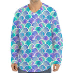 Sea Blue Mermaid Scales Pattern Print Long Sleeve Baseball Jersey