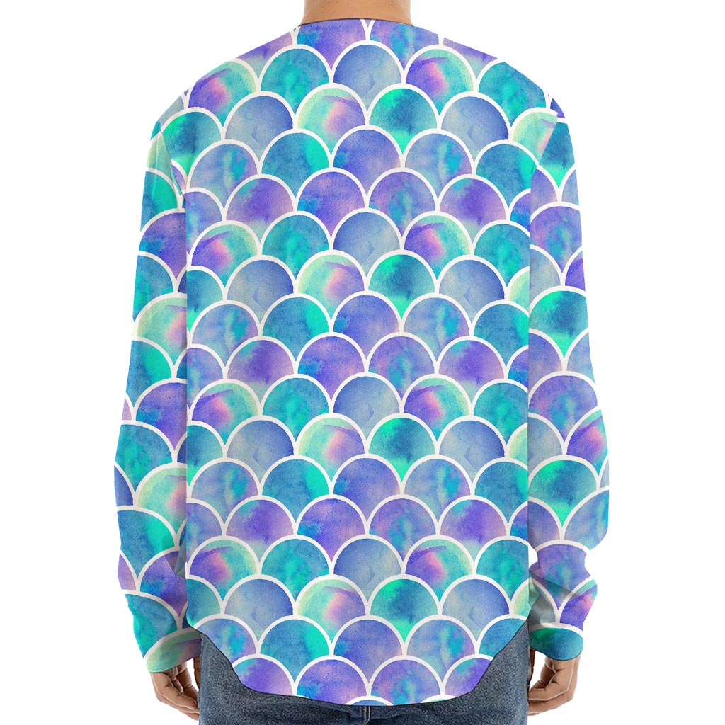 Sea Blue Mermaid Scales Pattern Print Long Sleeve Baseball Jersey