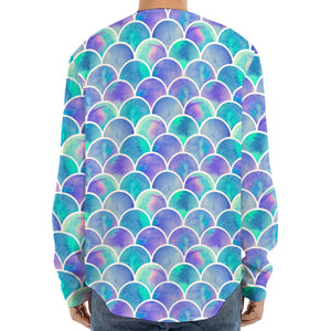 Sea Blue Mermaid Scales Pattern Print Long Sleeve Baseball Jersey