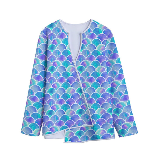Sea Blue Mermaid Scales Pattern Print Long Sleeve Short Coat