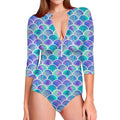 Sea Blue Mermaid Scales Pattern Print Long Sleeve Swimsuit