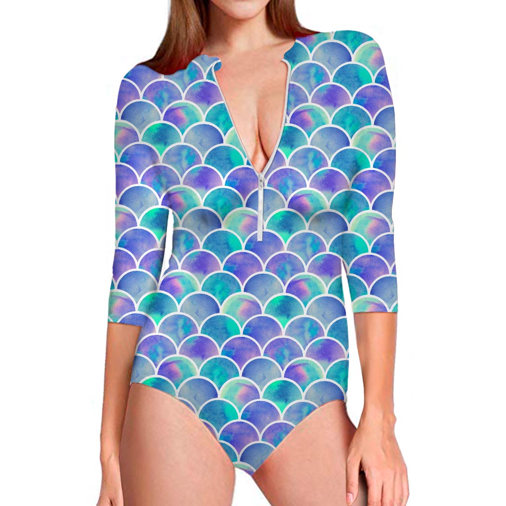 Sea Blue Mermaid Scales Pattern Print Long Sleeve Swimsuit