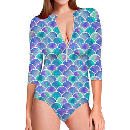 Sea Blue Mermaid Scales Pattern Print Long Sleeve Swimsuit