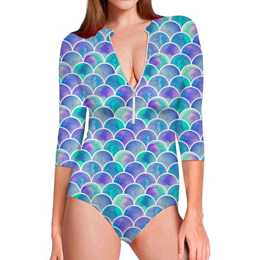 Sea Blue Mermaid Scales Pattern Print Long Sleeve Swimsuit